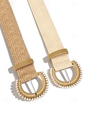 cheap Women's Belt-Women's Boho Straw Woven Belt, Wide Raffia Waist Belt with Beaded Buckle, Casual Cinch Belt for Summer Beach Vacation &amp; Daily Wear, Khaki/Beige