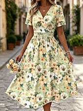 cheap Print Dresses-Women's Midi Dress A Line Dress Vacation Casual Boho Regular Fit Floral Graphic Short Sleeve V Neck Green Summer Spring