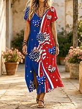  Giorno dell'Indipendenza Americana Per donna Abito Midi Abito a Tubino Vestito T-Shirt Vacanza Casual Ferie Vestibilità regolare Grafico Bandiera Manica Corta Scollo a V Blu Rosso Estate Primavera