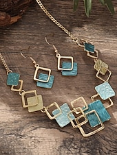 cheap Women's Necklace-Women's Bohemian Geometric Square Jewelry Set, Gold Alloy Enamel Necklace &amp; Drop Earrings, Colorful Modern Statement Accessories for Vacation, Travel and Daily Casual Wear