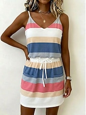 cheap Stripe&amp;Geometric Dress-Women's Mini Dress Casual Dress Striped Dress Vest Dress Elegant Fashion Daily Vacation Regular Fit Striped Sleeveless Spaghetti Strap Yellow Pink Navy Blue Dark Green Summer Spring