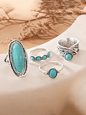 preiswerte Damenringe-4-teiliges Set aus eleganten, ausdrucksstarken Türkisringen aus einer böhmischen Legierung für Damen – perfekt zum Stapeln und für den Strandurlaub oder den Alltag.