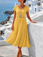 preiswerte Einfaches Kleid-Damen Midikleid Freizeitkleid Sommerkleid Basic Klassisch Täglich Urlaub Lässiger Schnitt Einfach Kurzarm Rundhalsausschnitt Weiß Gelb Rosa Himmelblau Sommer Frühling