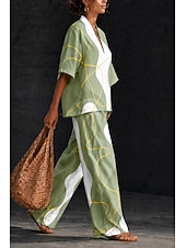 economico Abiti da donna con camicetta-Per donna Camicia Set di biancheria in cotone Set di Pantaloni Manica Corta Scollo a V Floreale Grafico Geometrico Stampato Vacanza Moda Streetwear Casuale Quotidiano All'aperto Verde Arcobaleno