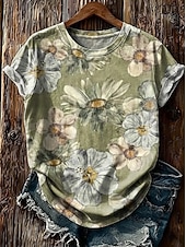 cheap Floral tee-Women's T Shirt Print Floral Graphic Plants Fashion Stylish Classic Short Sleeve Crew Neck Regular Tops Casual Daily Weekend Light Green Beige Summer Spring