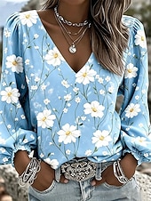 economico Bluse Floreali-Per donna Camicia Stampato Floreale Grafico Bohemien Vacanza Vintage Manica Lunga Manica a Lanterna Scollo a V Top Regolari Casuale Quotidiano Ferie Blu Rosa Viola Verde Estate Primavera