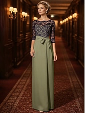 cheap Floor Length-Sheath Column Floor Length Wedding Guest Dress Formal Dresses Evening Gown Mother of the Bride Dress 3/4 Length Sleeve Jewel Neck Elegant Wedding Guest Satin Lace with Bow(s)