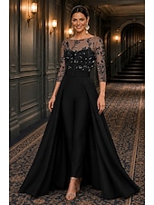 economico Tute della mamma-Tuta Completo Pantalone Lunghezza alla caviglia Abito da cerimonia per signora Manica 3/4 Scollo a Barca Elegante Formale Ospite di nozze Semi-Formale Pizzo Crepe Elasticizzato con Perline Paillettes