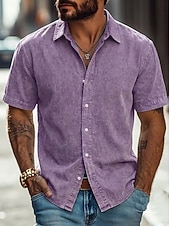 cheap Men's Smart Casual Shirts-Men Shirt Casual Shirt Button Up Shirt 100% Cotton Acid Wash Shirt Acid Wash Shirt Blue Black Pink Navy Blue Purple Short Sleeve Plain Shirt Collar Casual Daily Clothing Apparel Elegant Fashion Casual