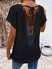  Mujer Camisa Blusa con textura Parte superior con ojales Top de empalme de encaje Jacquard Encaje Retazos Elegante Bohemia Vintage Manga Corta Cuello Barco Tops regulares Casual Negro Blanco Verde