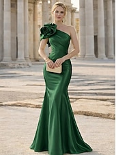 economico Abiti da Sera Sirena-Sirena Tromba Lunghezza al pavimento Abito da Sera Elegante Senza Maniche Monospalla Matrimonio Formale Raso Elasticizzato con Fiori 3D
