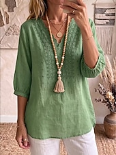  Femmes Chemise Chemise Bohème Chemise en Dentelle Fleuri Élégant Bohème Vacances Col en V Hauts Longs Occasionnel Quotidien Fête Kaki Noir Blanche Vert Été Printemps