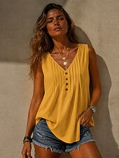 cheap Plain Tank-Women's Shirt Summer Shirt Blouse Ruched Buttons Plain Stylish Classic Modern Sleeveless V Neck Regular Tops Daily Holiday Going out Khaki White Yellow Red Navy Blue Summer Spring