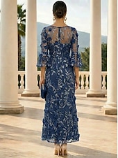 abordables Knöchellänge-Sheath Column Ankle Length Lace Dress Mother of the Bride Dress Long Sleeve V Neck Elegant Vintage Formal Wedding Guest Wedding Party Satin Lace with 3D Flowers Sequin Embroidery