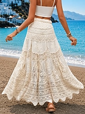 economico Gonne da Vacanza-Per donna Cotone Bohemien Maxi Vita Alta Gonne Pizzo Foro Micro-elastico Albicocca Estate