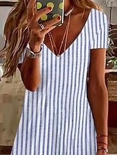 cheap Stripe&amp;Geometric Dress-Women's Knee Length Dress Casual Dress Striped Dress A Line Dress Elegant Fashion Daily Vacation Regular Fit Striped Short Sleeve V Neck Blue Yellow Red Green Summer Spring