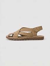 cheap Flat Sandals-Women's Khaki Crisscross Strap Flat Sandals - Closed-Toe Sandals with Adjustable Magic Tape, Casual Non-Slip Footwear for Summer Outings, Travel &amp; Daily Wear