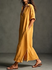 cheap Dresses-Women's Maxi long Dress Linen Dresses Elegant Vacation Loose Fit Plain Short Sleeve Shirt Collar Summer