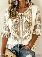 economico Arte &amp; Design Bluse-Per donna Camicia Grafico Geometrico Paisley Bohemien Vacanza Vintage Manica Lunga Scollo a V Top Regolari Casuale Quotidiano Ferie Nero Beige Estate Primavera