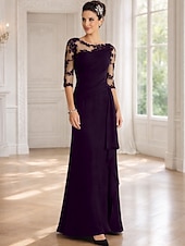 cheap Floor Length-Sheath Column Floor Length Wedding Guest Dress Formal Dresses Evening Gown Mother of the Bride Dress Half Sleeve Jewel Neck Elegant Mother Formal Evening Lace with Appliques
