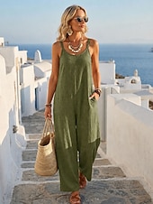 Damen Overall Urlaub Volle Länge Hohe Taille Einfach Tasche Atmungsaktiv Unelastisch Urlaub Formell nicht-gerade weiss Orange Rot Schwarz Militßrgrün Sommer Frühling Lässiger Schnitt