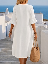 economico Vestiti-Per donna Abito Midi Abiti effetto lino Abito a Tubino Casual Quotidiano Vestibilità comoda Semplice Manica 3/4 Scollo a V Blu Nero Bianco Verde Estate Primavera Autunno