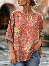 cheap Art&amp;Design Blouses-Women's Blouse Print Graphic Geometric Bohemia Vintage Stylish 3/4 Length Sleeve Crew Neck Regular Tops Casual Daily Vacation Wear Yellow Orange Summer Spring