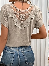 voordelige Effen t-shirt-Dames T-shirt Kant Effen Kleur Vintage Stijlvol Basic Korte mouw V-hals Normale tops Casual Dagelijks Zwart Groen Beige Zomer Lente