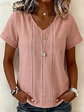 cheap Plain Blouses-Women's Blouse Lace Trim Solid Color Vintage Stylish Basic Short Sleeve V Neck Regular Tops Casual Daily Blue White Pink Summer Spring
