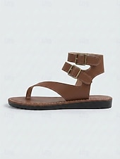 cheap Women-Women's Retro Leather Strappy Sandals - Casual Thong Flat Gladiators with Adjustable Ankle Buckle Straps for Island Vacation, Beach &amp; Cruise
