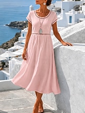 preiswerte Einfaches Kleid-Damen Midikleid Freizeitkleid Sommerkleid Basic Klassisch Täglich Urlaub Lässiger Schnitt Einfach Kurzarm Rundhalsausschnitt Weiß Gelb Rosa Himmelblau Sommer Frühling