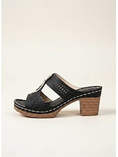 baratos Chinelos de slide-sandálias mule femininas de salto grosso – design com strass vazado, decoração com fivela retrô, sola confortável, para caminhadas ao ar livre, jardim e roupas casuais de verão