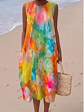 ieftine Rochii florale-Pentru femei Rochii Midi Rochie de schimb Rochie de Vară Rochie A line Vacanță Casual Boho Plajă Petrecere Potrivire Largă Floral Grafic Fără manșon Stil Nautic Albastru celest Portocaliu Var