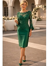 preiswerte Teelänge-Schlauchkleid Knielang Partykleid Cocktailkleid Kleid für Hochzeitsgäste Brautmutterkleid Langarm Juwelenhals Elegant Vintage luxuriös Hochzeitsgast Satin Spitze mit Applikationen