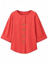  Women's Cotton Linen Shirts Blouse Buttons Solid Color Daily Casual 3/4 Length Sleeve V Neck Regular Tops Daily Black White Red Orange Green Summer Spring Fall