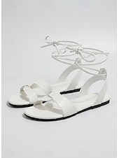 abordables Sandalias deslizantes-Sandalias planas marrones con cordones para mujer, cómodas sandalias de cuero con tiras que se atan al tobillo, ideales para cruceros y fiestas en yates. &amp;Escapadas de lujo al Mediterráneo en verano