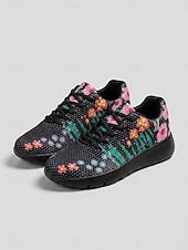 cheap Women's Sneakers-Women's White Floral Print Breathable Sneakers - Lightweight Lace-Up Casual Shoes with Colorful Flower Pattern, Comfortable Non-Slip Footwear for Walking, Travel &amp; Daily Wear