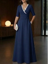 economico Abiti da Sera a Linea A-Linea ad A Lunghezza al pavimento Abito da Sera Elegante Abito da sera stile impero Mezza Manica Scollo a V Matrimonio Formale Tasca Tessuto Elasticizzato con Pieghe Cristalli Perline