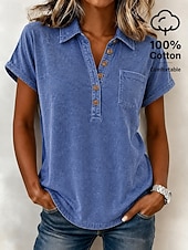  camicia da donna softfade™ 100% cotone lavato, top vintage lavati, tinta unita, elegante, basic, maniche corte, colletto, top regolari, casual, per tutti i giorni, per uscire, blu, rosa, viola, verde, estate, primavera