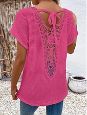  Mujer Camisa Blusa con textura Parte superior con ojales Top de empalme de encaje Jacquard Encaje Retazos Elegante Bohemia Vintage Manga Corta Cuello Barco Tops regulares Casual Negro Blanco Verde