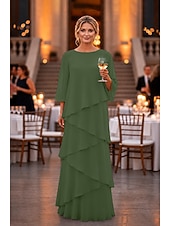 abordables Largo del piso-Funda Columna Hasta el Suelo Vestido Invitada Boda Vestido formal Vestido de noche Vestido de Madrina Manga 3/4 Cuello Barco Elegante Formal Gasa con Volantes