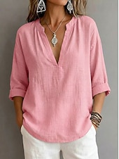 cheap Plain Blouses-Women's Shirt Blouse Solid Color Vacation Stylish 3/4 Length Sleeve V Neck Regular Tops Casual Daily Blue Black White Pink Summer Spring