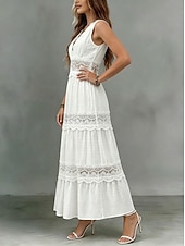 ieftine Rochii Albe din Dantela-Pentru femei Rochie Maxi Rochie de dantela Rochie albă Elegant Modă Plajă Vacanță Concediu Fit regulat Simplu Fără manșon V Adânc Alb Vară Primăvară