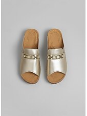 abordables Sandalias deslizantes-Sandalias metalizadas doradas para mujer: sandalias cómodas de punta abierta con detalle de cadena para uso casual y de verano.