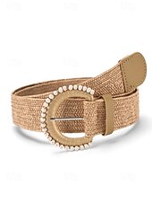 cheap Women's Belt-Women's Boho Straw Woven Belt, Wide Raffia Waist Belt with Beaded Buckle, Casual Cinch Belt for Summer Beach Vacation &amp; Daily Wear, Khaki/Beige