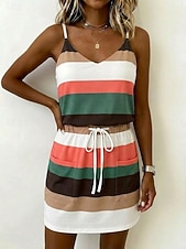 cheap Stripe&amp;Geometric Dress-Women's Mini Dress Casual Dress Striped Dress Vest Dress Elegant Fashion Daily Vacation Regular Fit Striped Sleeveless Spaghetti Strap Yellow Pink Navy Blue Dark Green Summer Spring