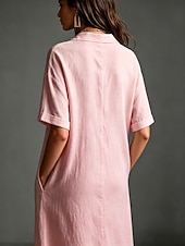 cheap Dresses-Women's Maxi long Dress Linen Dresses Elegant Vacation Loose Fit Plain Short Sleeve Shirt Collar Summer