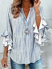cheap Stripe&amp;Geometric Blouses-Women's Shirt Blouse Ruffle Print Graphic Geometric Striped Vacation Daily Retro Vintage Half Sleeve V Neck Regular Tops Daily Holiday Going out Blue Pink Green Grey Summer Spring Fall