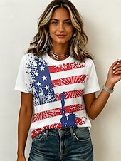  American Independence Day Women's T Shirt Print Graphic American Flag Vintage Stylish Casual Short Sleeve Crew Neck Regular Tops Casual Daily Weekend Blue White Red Royal Blue Summer Spring
