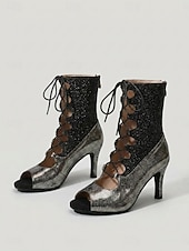 baratos Sapatos de Dança Latina-Botas de dança latina femininas vermelhas com glitter – sapatos de salto alto com cadarço e bico aberto para salsa e dança de salão. &amp;dança de tango